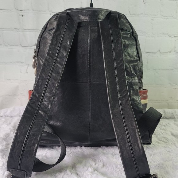 ARMANI JEANS Black Leather Backpack With Red White Stripe on The Side Pocket - Picture 4 of 15